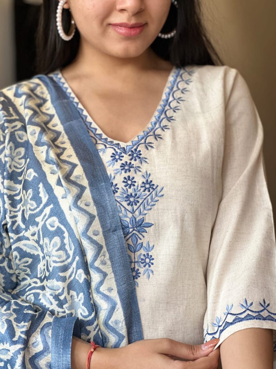 Off White Embroidered Cotton Kurti With Pant & Dupatta Set | For Women