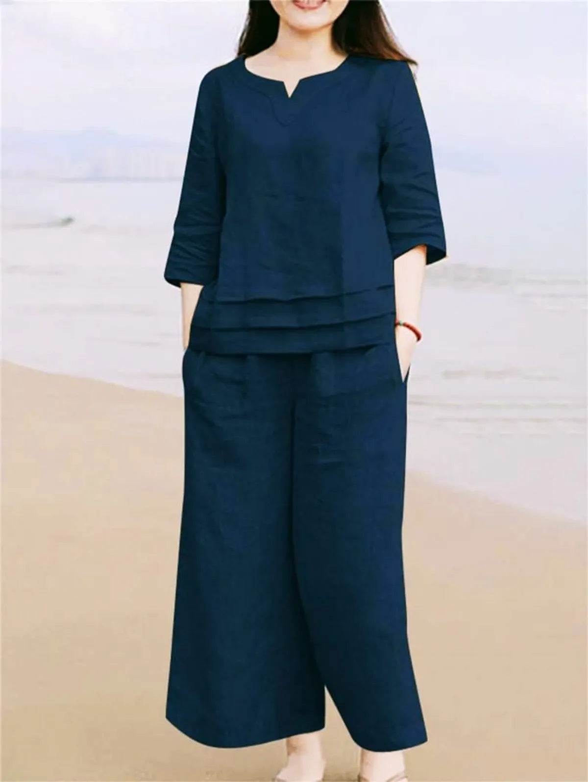 Blue Cotton Casual Loose Solid Co-ord Set For Women