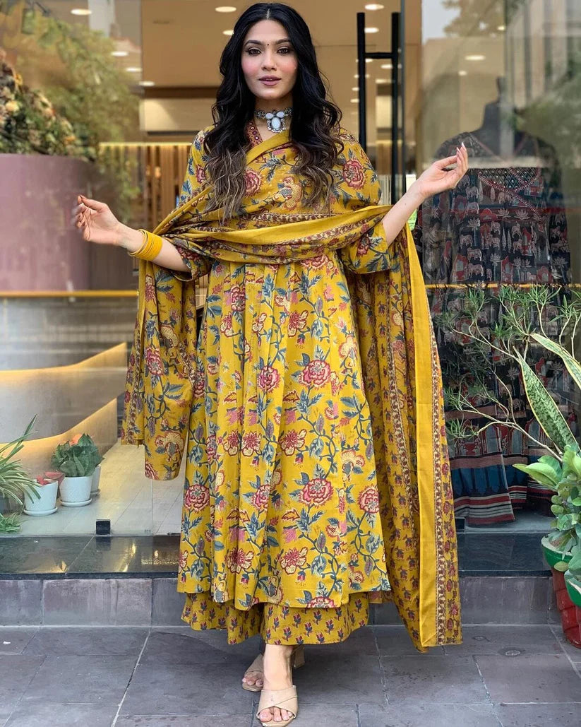Mustard Floral Cotton Anarkali Kurti With Pant & Dupatta Set | For Women