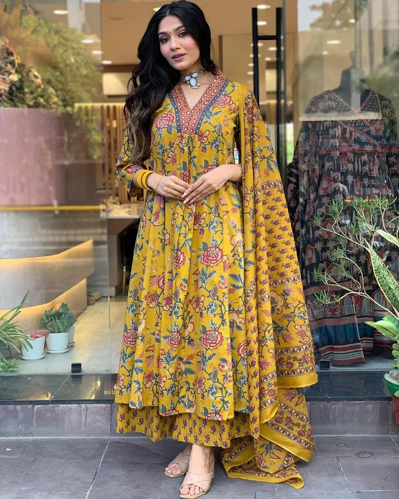 Mustard Floral Cotton Anarkali Kurti With Pant & Dupatta Set | For Women