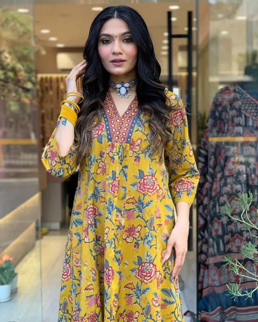 Mustard Floral Cotton Anarkali Kurti With Pant & Dupatta Set | For Women