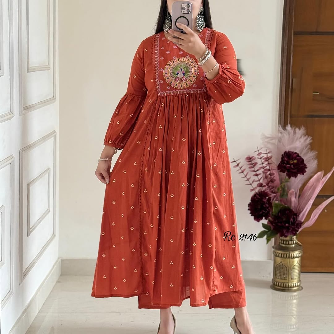 Rust Embroidery Mul Cotton Kurti With Pant & Dupatta Set | For Women