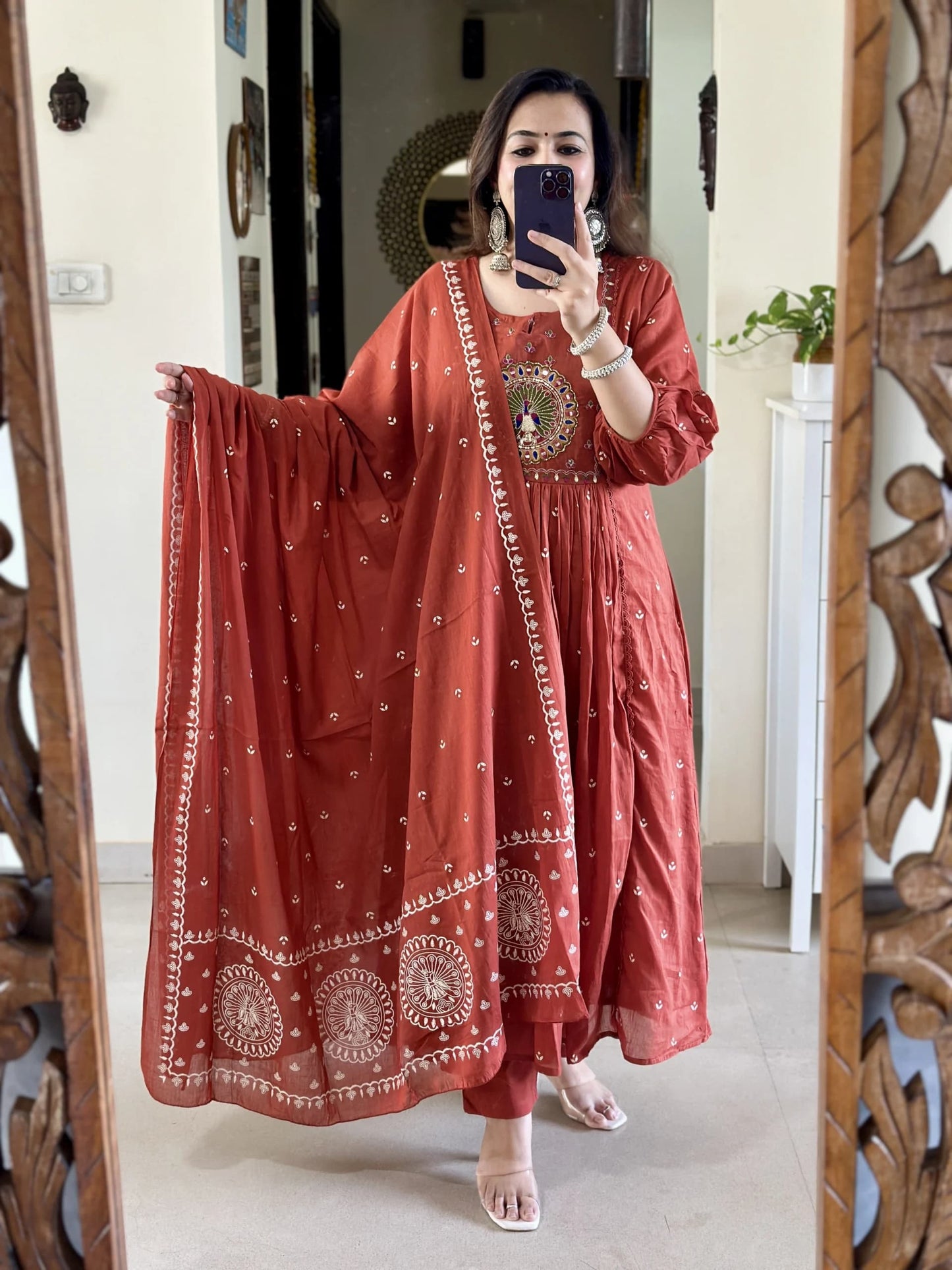 Rust Embroidery Mul Cotton Kurti With Pant & Dupatta Set | For Women