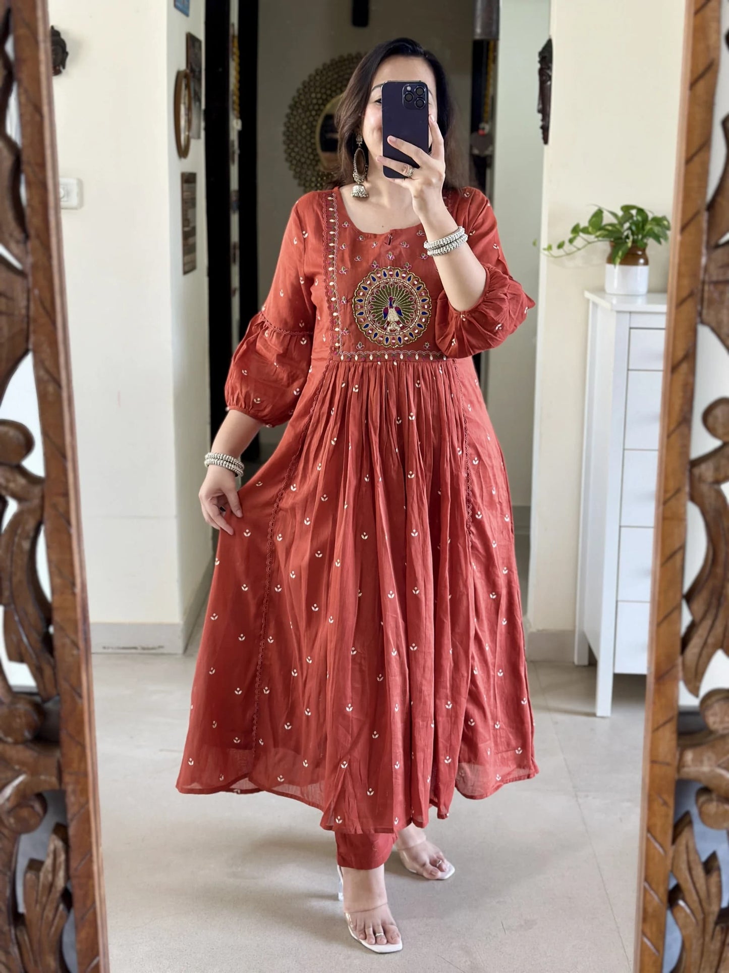 Rust Embroidery Mul Cotton Kurti With Pant & Dupatta Set | For Women