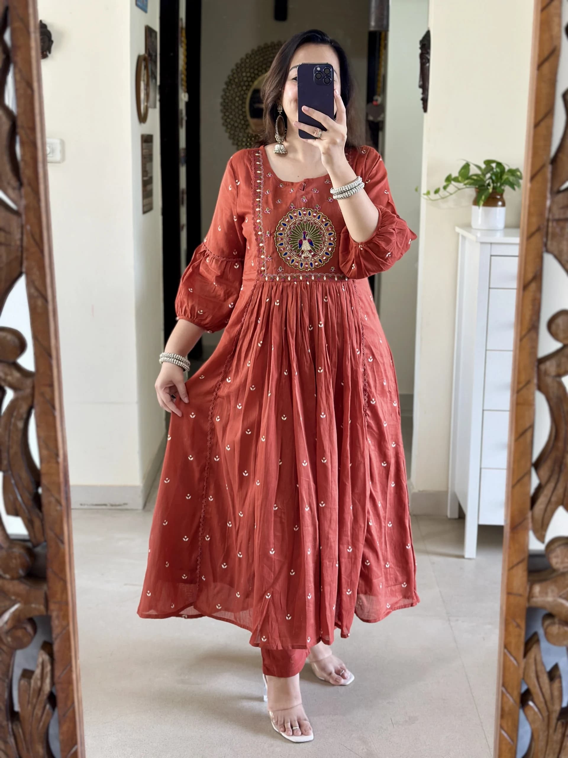 Rust Embroidery Mul Cotton Kurti With Pant & Dupatta Set | For Women