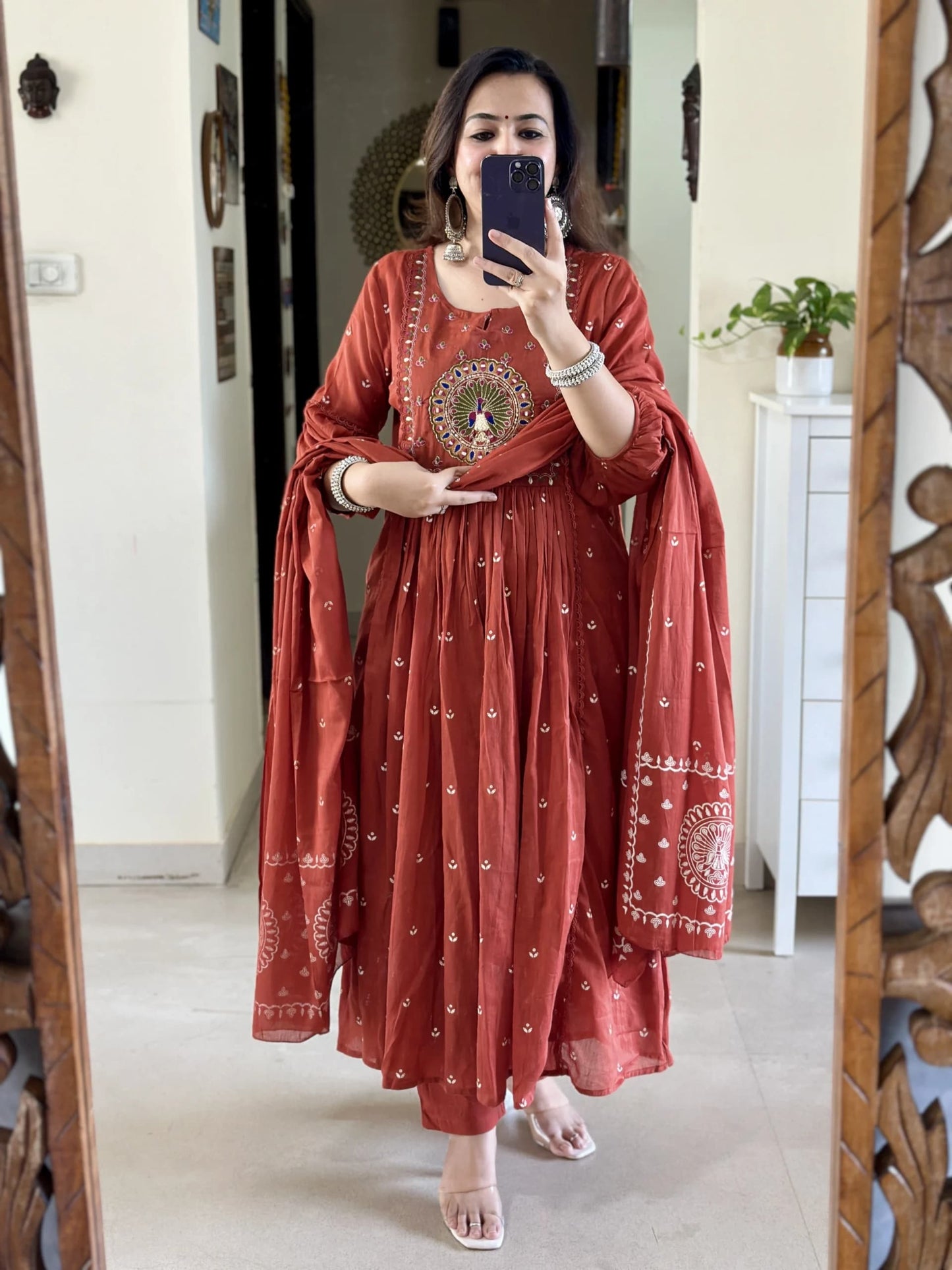 Rust Embroidery Mul Cotton Kurti With Pant & Dupatta Set | For Women