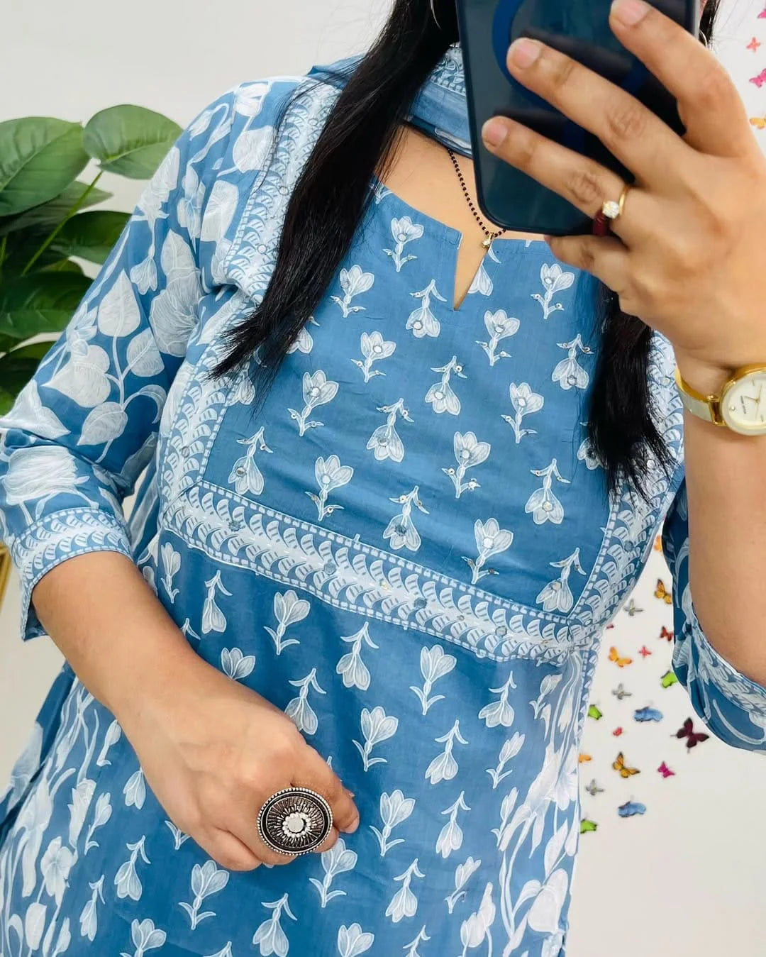 Sky Blue Floral Print Cotton Kurti With Pant & Dupatta Set | For Women