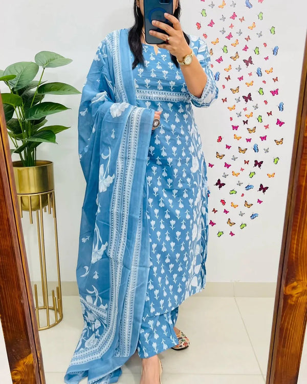 Sky Blue Floral Print Cotton Kurti With Pant & Dupatta Set | For Women