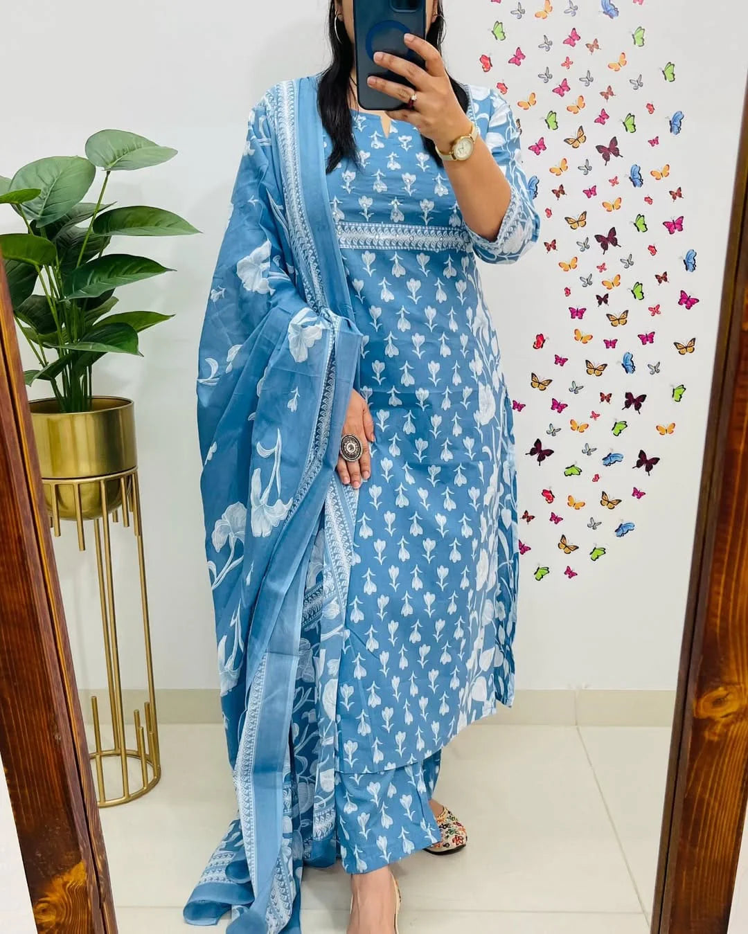 Sky Blue Floral Print Cotton Kurti With Pant & Dupatta Set | For Women