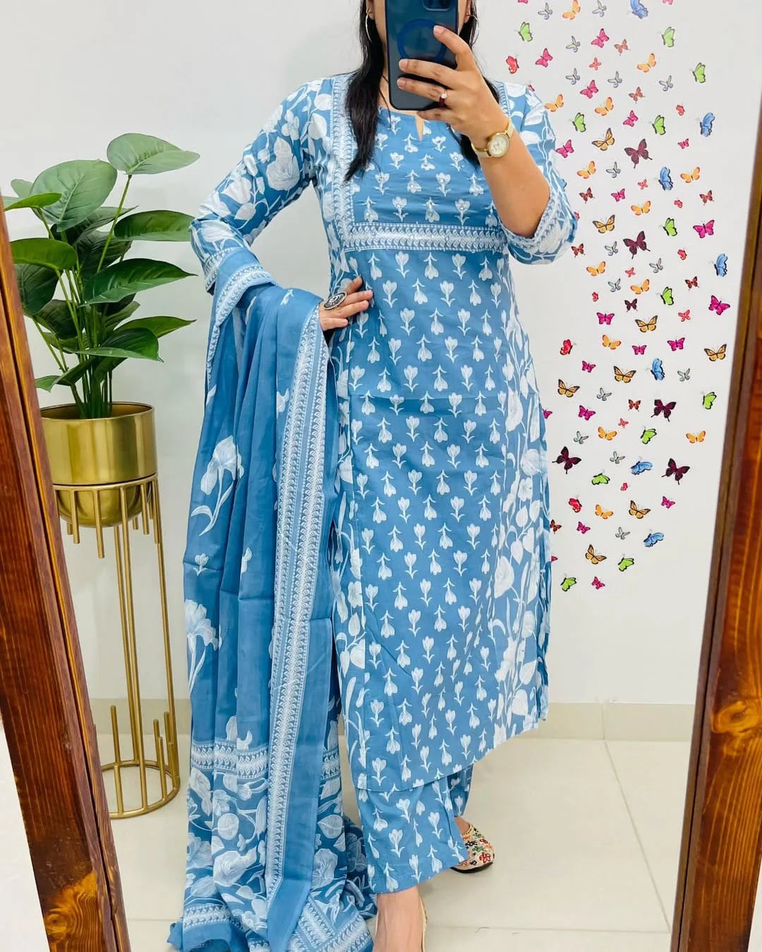 Sky Blue Floral Print Cotton Kurti With Pant & Dupatta Set | For Women