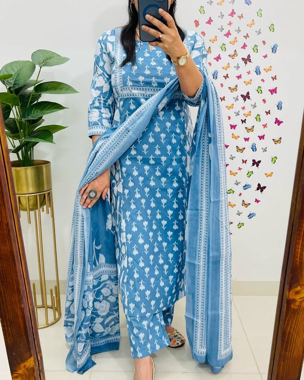 Sky Blue Floral Print Cotton Kurti With Pant & Dupatta Set | For Women