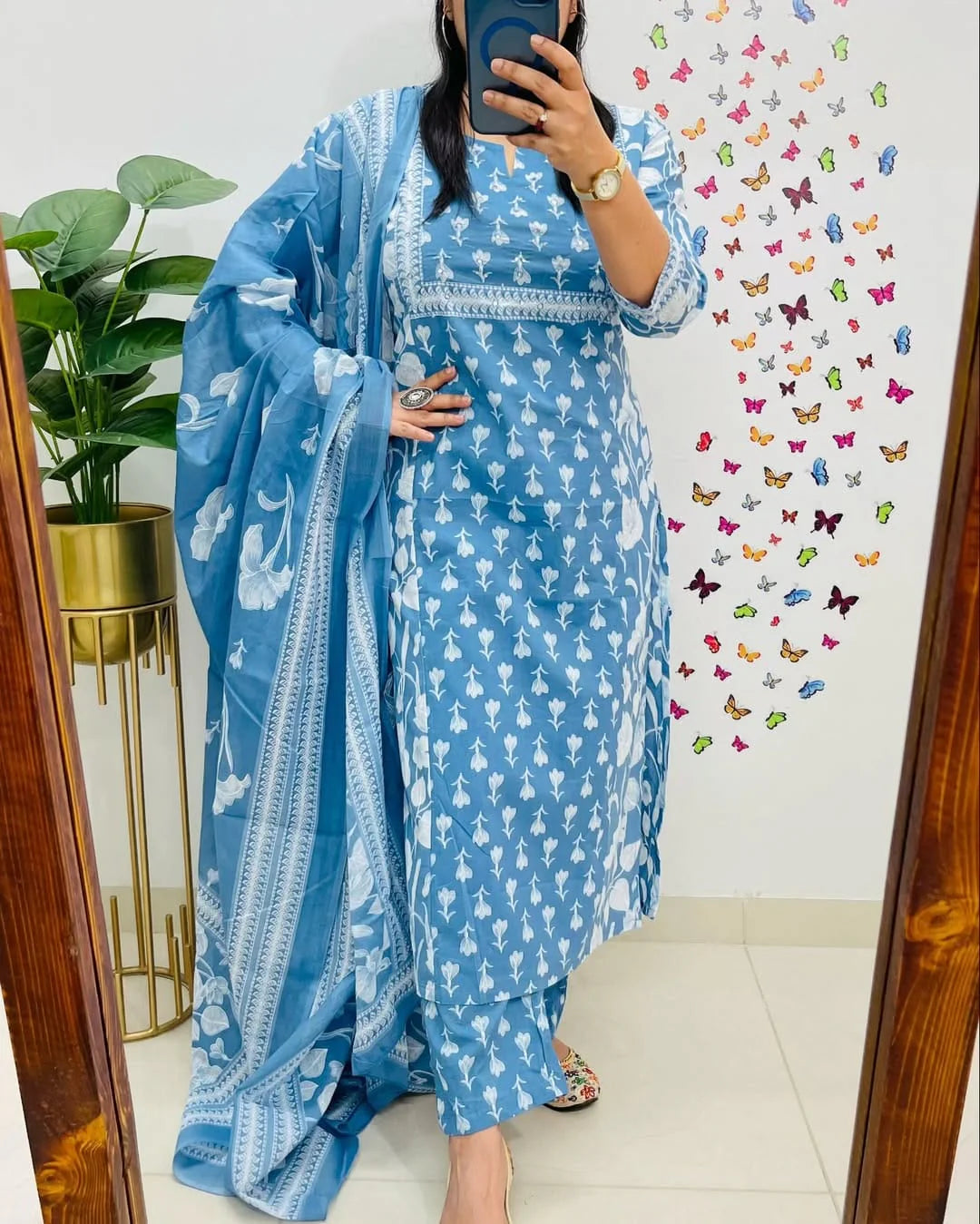 Sky Blue Floral Print Cotton Kurti With Pant & Dupatta Set | For Women