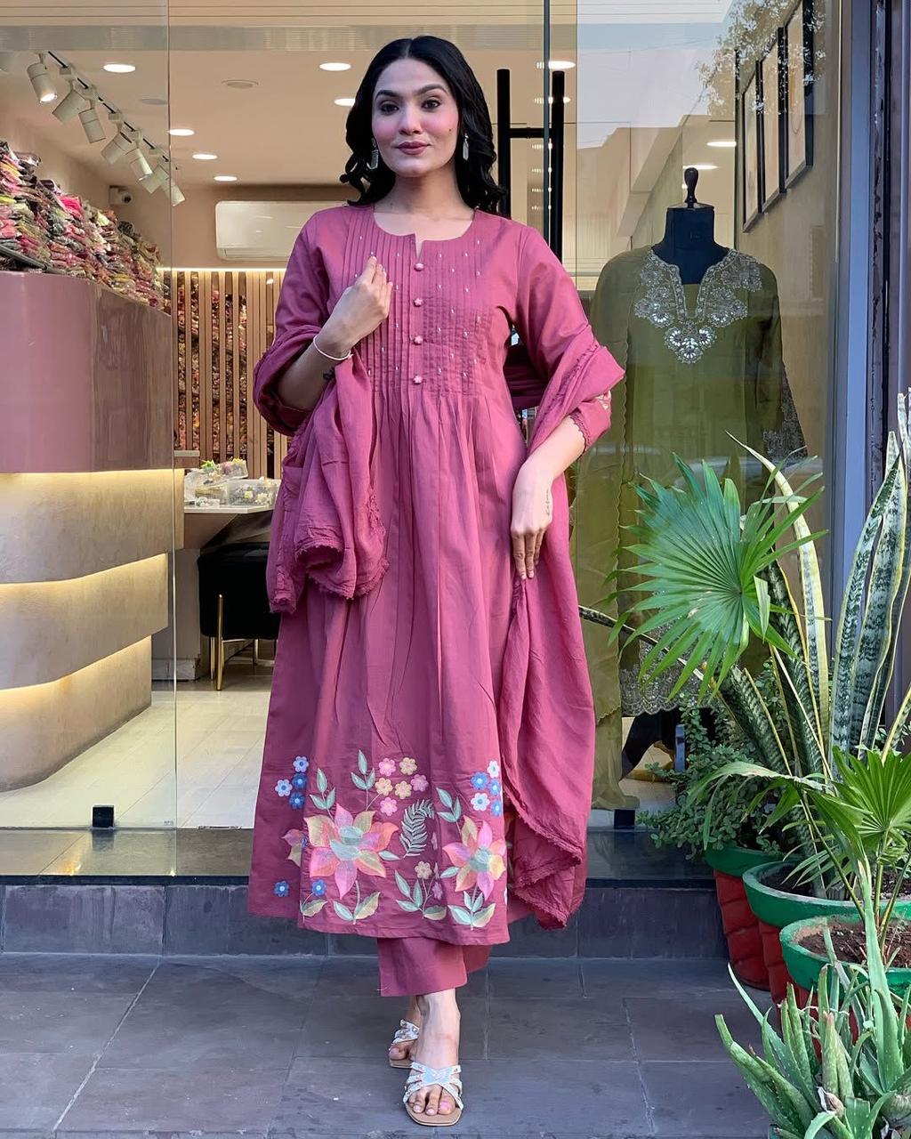 Pink Cotton Blend Floral Embroidered Kurti With Pant & Dupatta Set | For Women