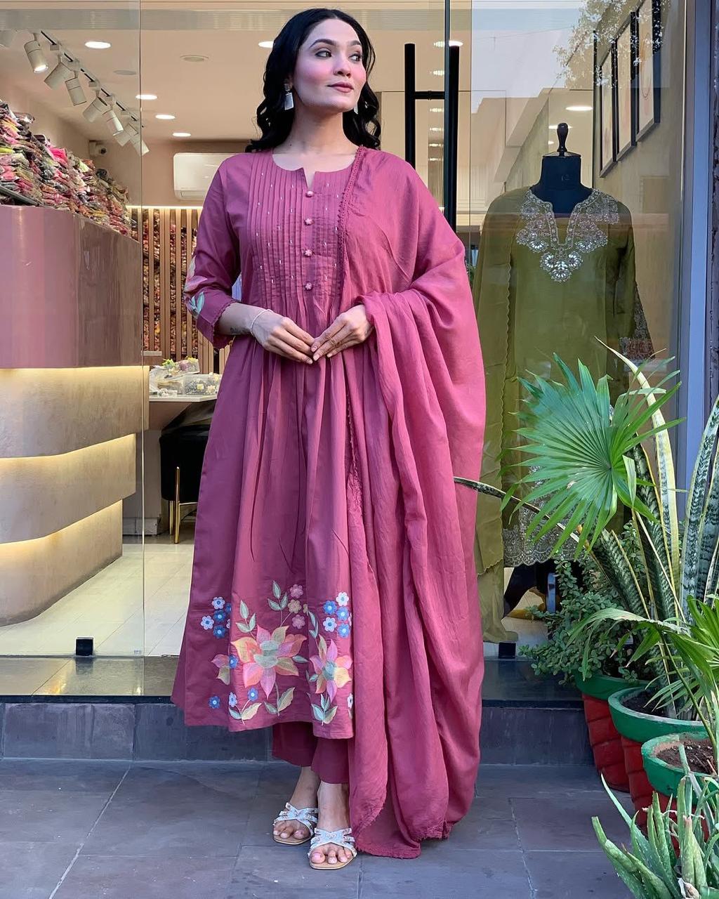Pink Cotton Blend Floral Embroidered Kurti With Pant & Dupatta Set | For Women
