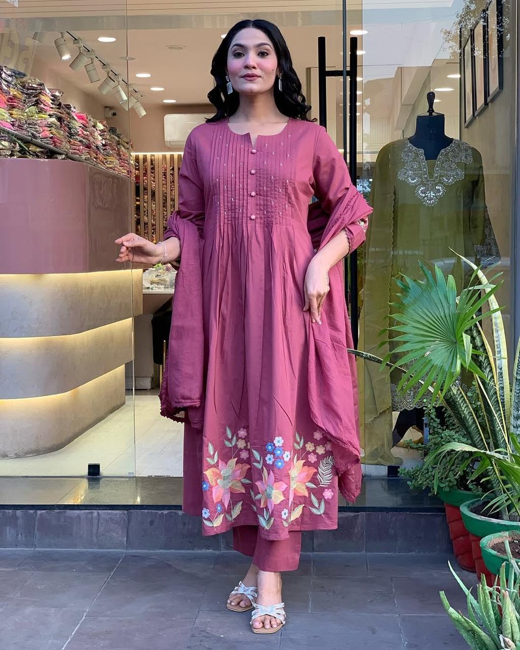 Pink Cotton Blend Floral Embroidered Kurti With Pant & Dupatta Set | For Women