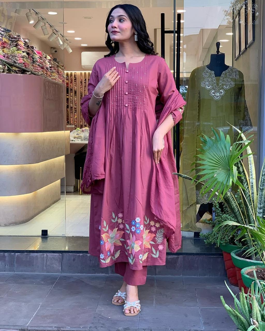 Pink Cotton Blend Floral Embroidered Kurti With Pant & Dupatta Set | For Women