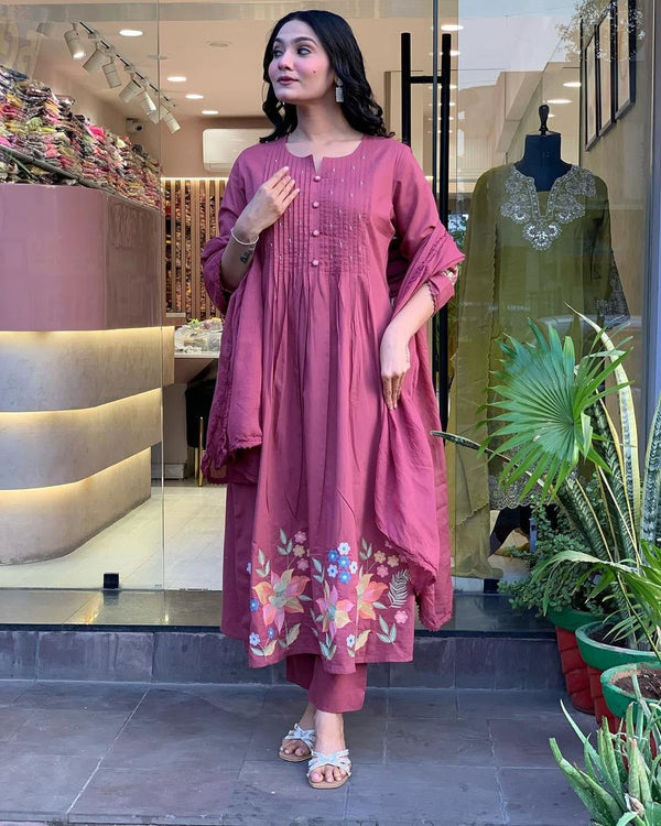 Pink Cotton Blend Floral Embroidered Kurti With Pant & Dupatta Set | For Women