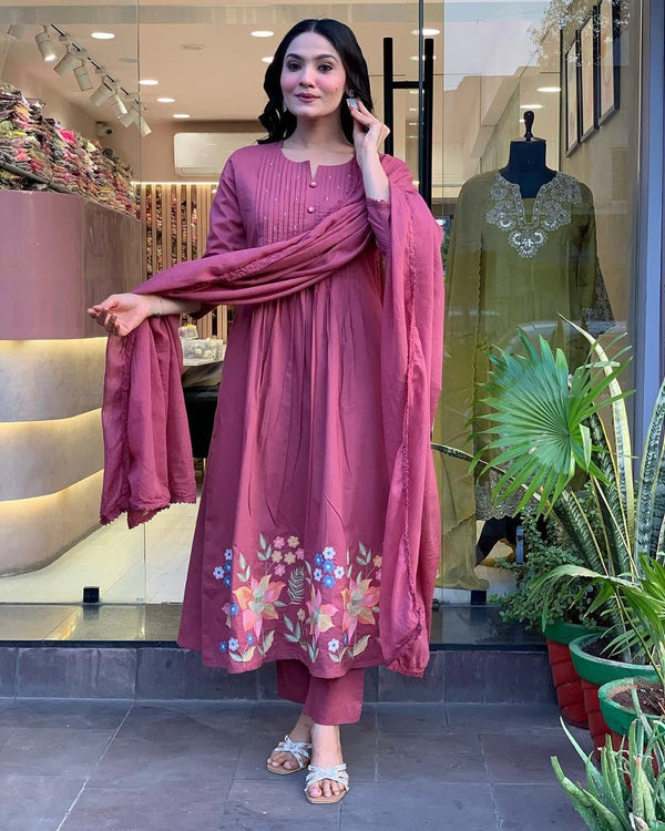 Pink Cotton Blend Floral Embroidered Kurti With Pant & Dupatta Set | For Women