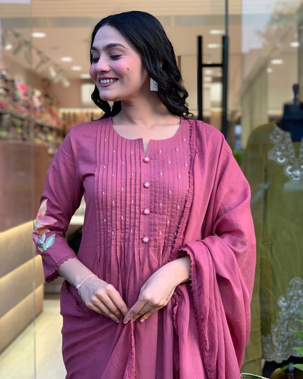 Pink Cotton Blend Floral Embroidered Kurti With Pant & Dupatta Set | For Women