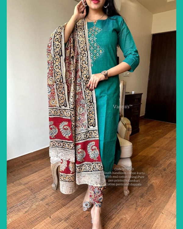Green Premium Chitrkari South Cotton Kurta Pant And Dupatta Set For Women