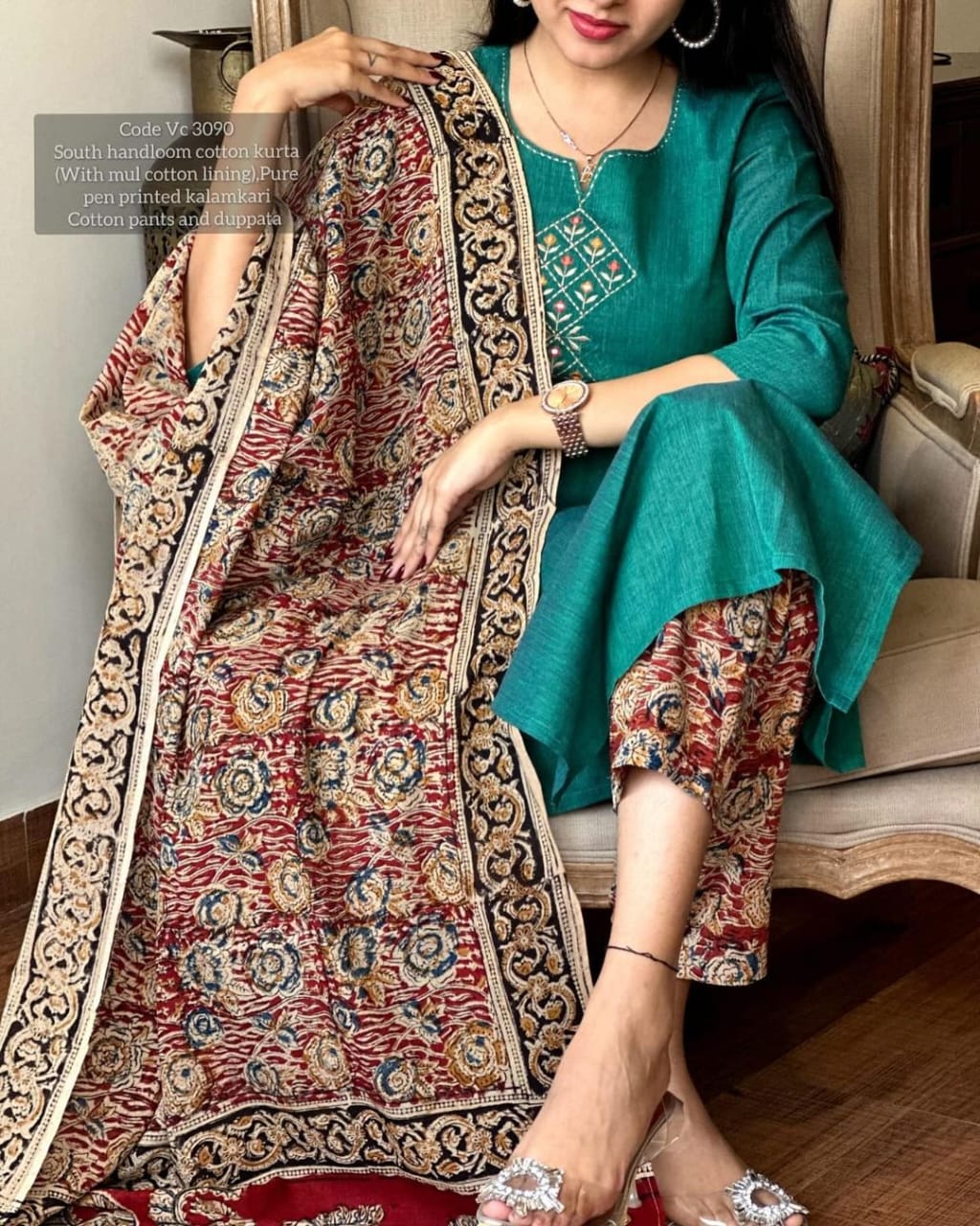 Green Premium Chitrkari South Cotton Kurta Pant And Dupatta Set For Women