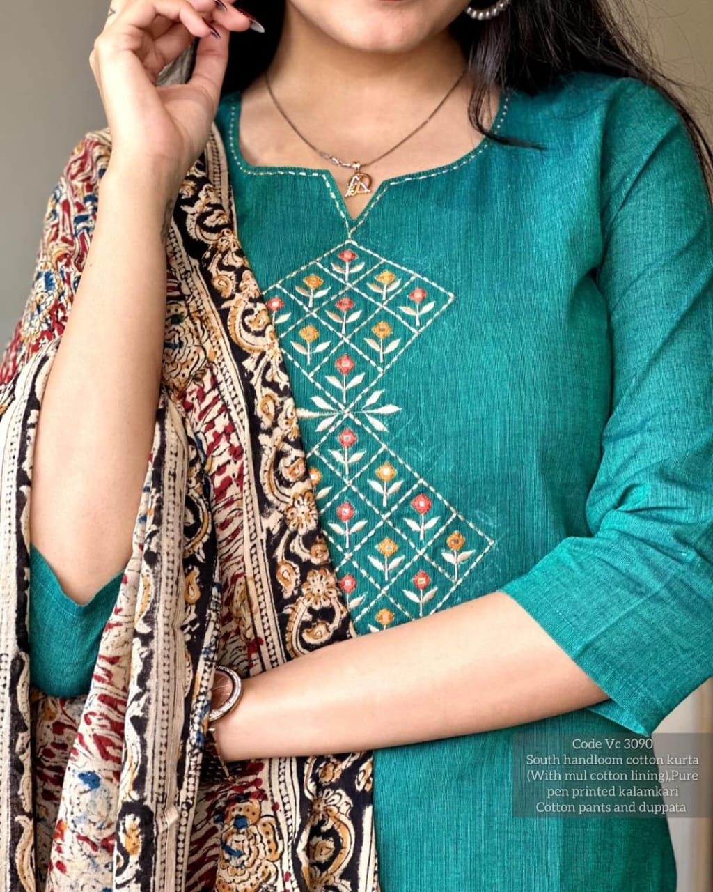 Green Premium Chitrkari South Cotton Kurta Pant And Dupatta Set For Women