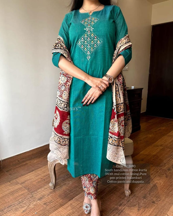 Green Premium Chitrkari South Cotton Kurta Pant And Dupatta Set For Women