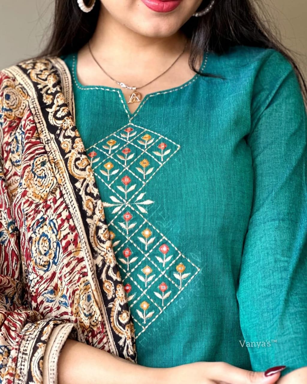 Green Premium Chitrkari South Cotton Kurta Pant And Dupatta Set For Women