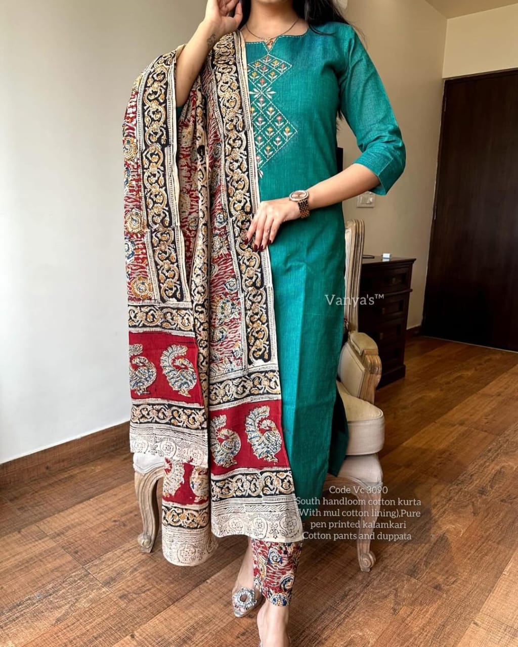 Green Premium Chitrkari South Cotton Kurta Pant And Dupatta Set For Women