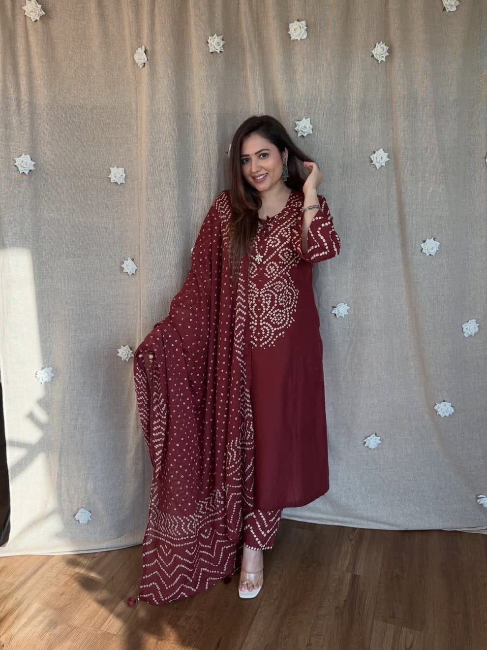 Maroon Bandhani Printed Kurta Pant Set with Dupatta for Women