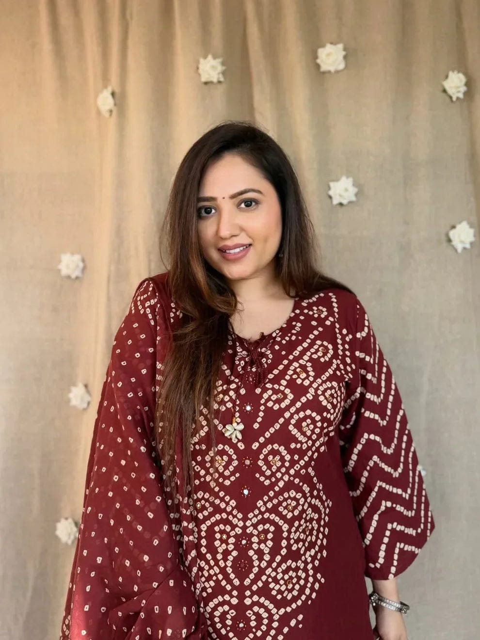 Maroon Bandhani Printed Kurta Pant Set with Dupatta for Women