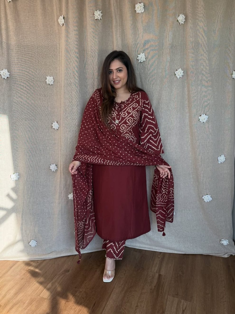 Maroon Bandhani Printed Kurta Pant Set with Dupatta for Women