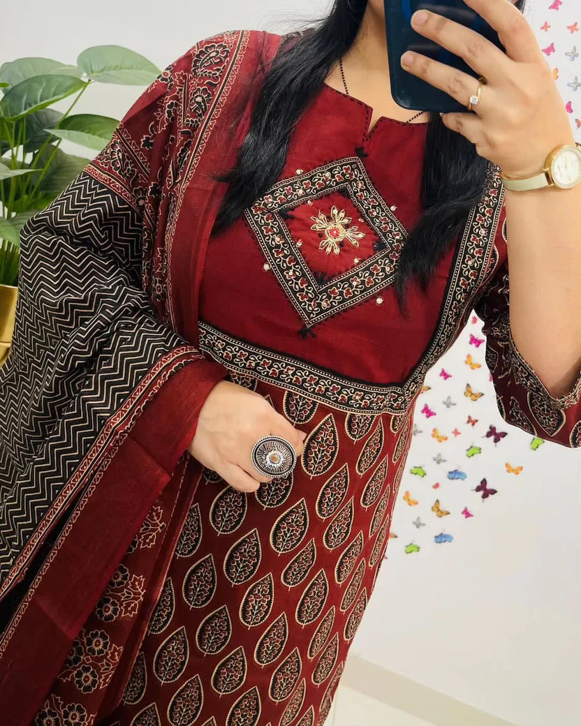 Maroon Printed Cotton Kurti With Pant & Dupatta Set | For Women
