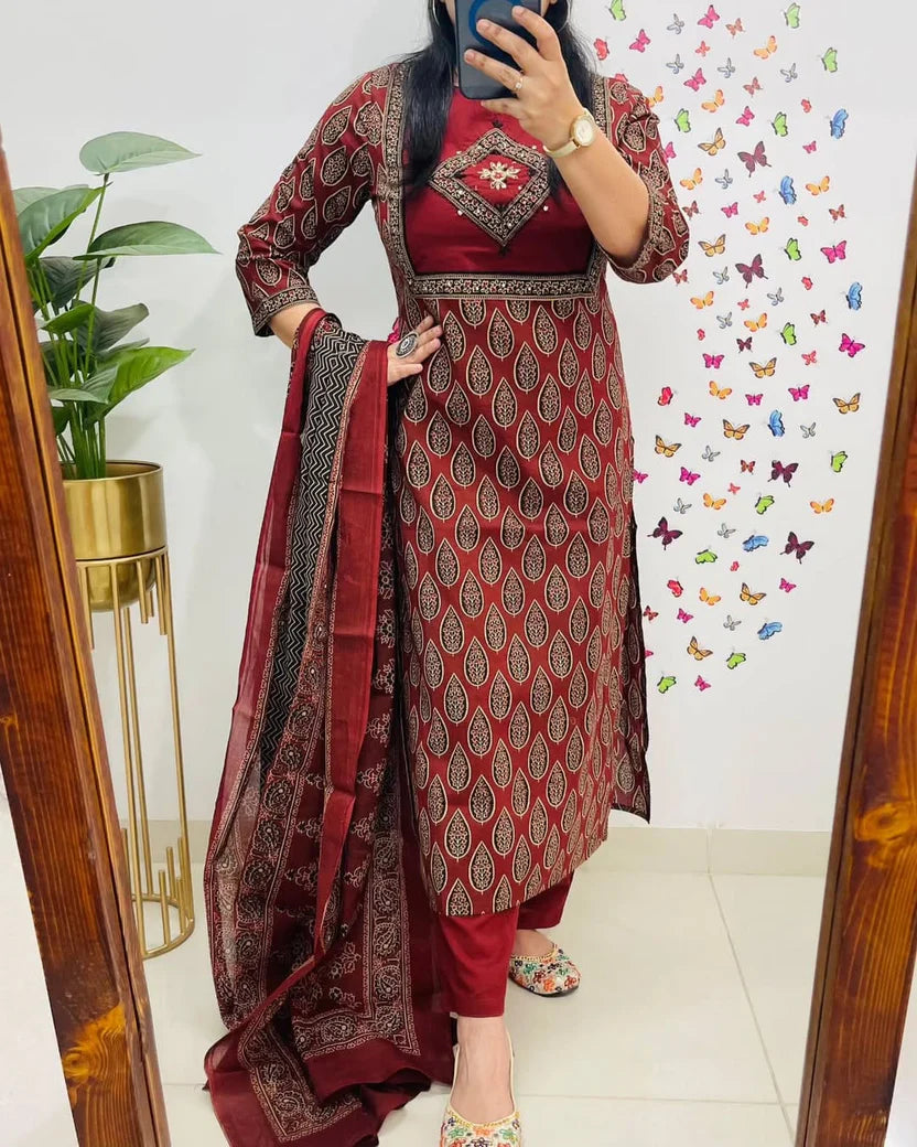 Maroon Printed Cotton Kurti With Pant & Dupatta Set | For Women