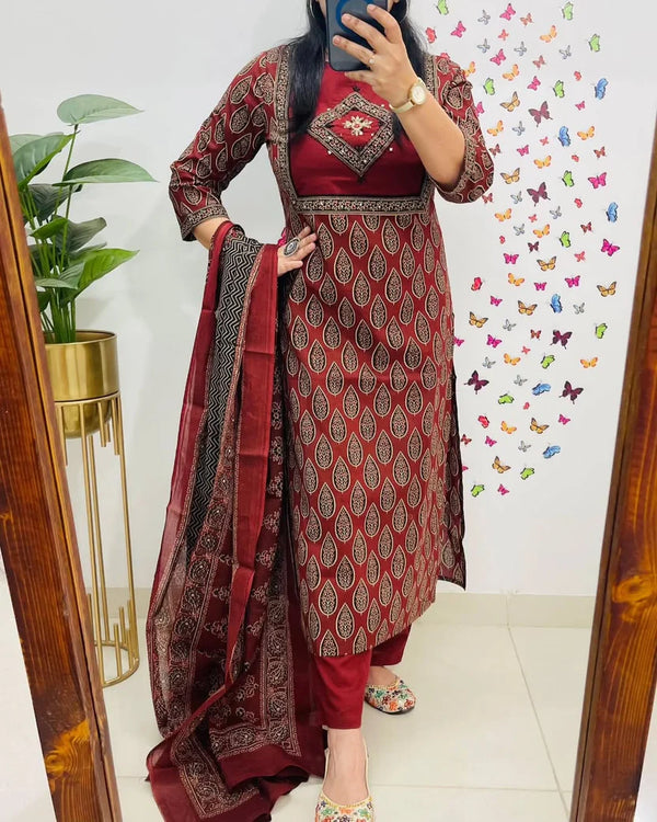 Maroon Printed Cotton Kurti With Pant & Dupatta Set | For Women