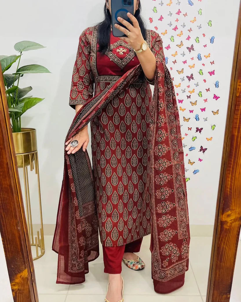 Maroon Printed Cotton Kurti With Pant & Dupatta Set | For Women