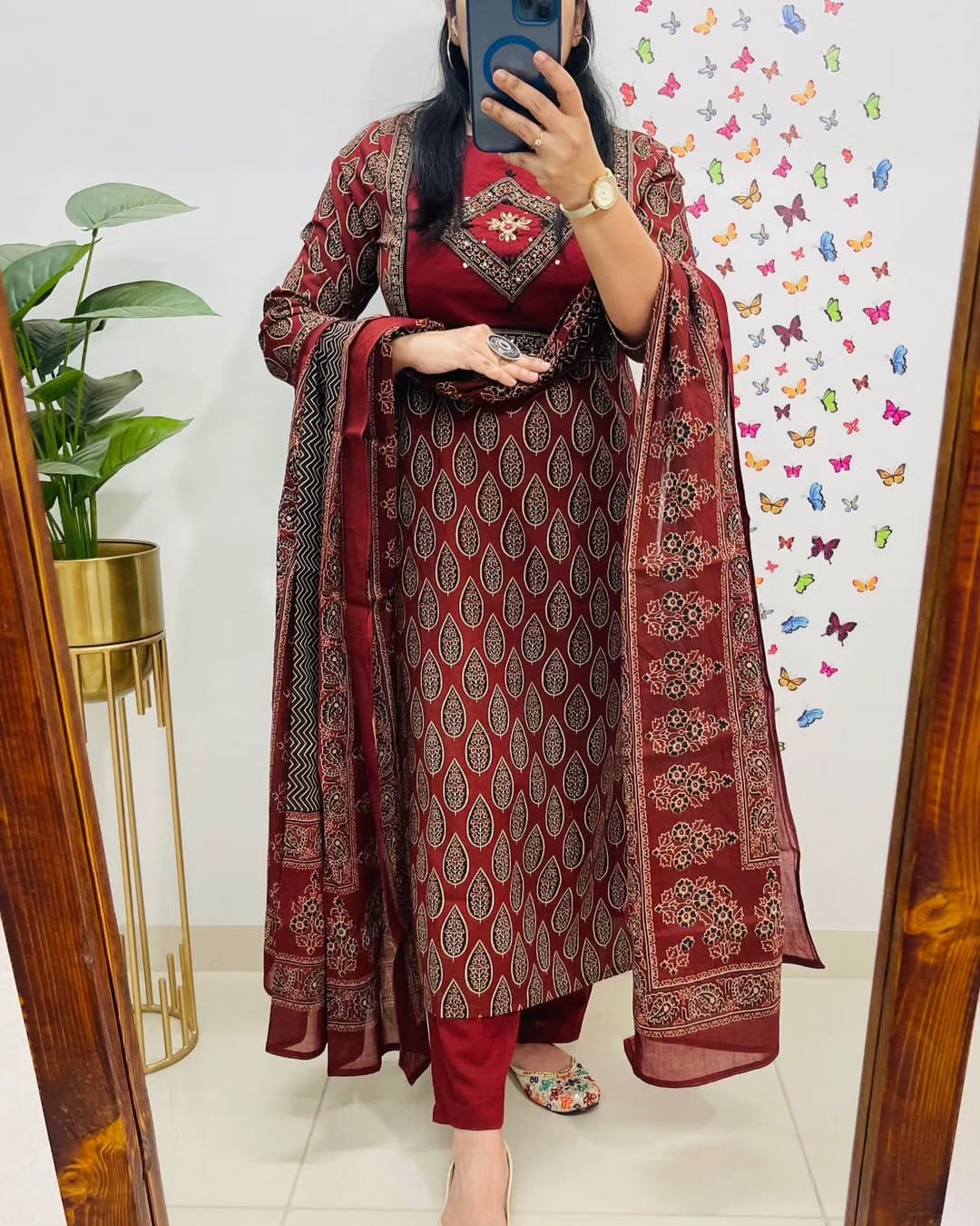 Maroon Printed Cotton Kurti With Pant & Dupatta Set | For Women