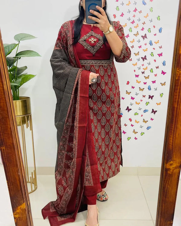 Maroon Printed Cotton Kurti With Pant & Dupatta Set | For Women
