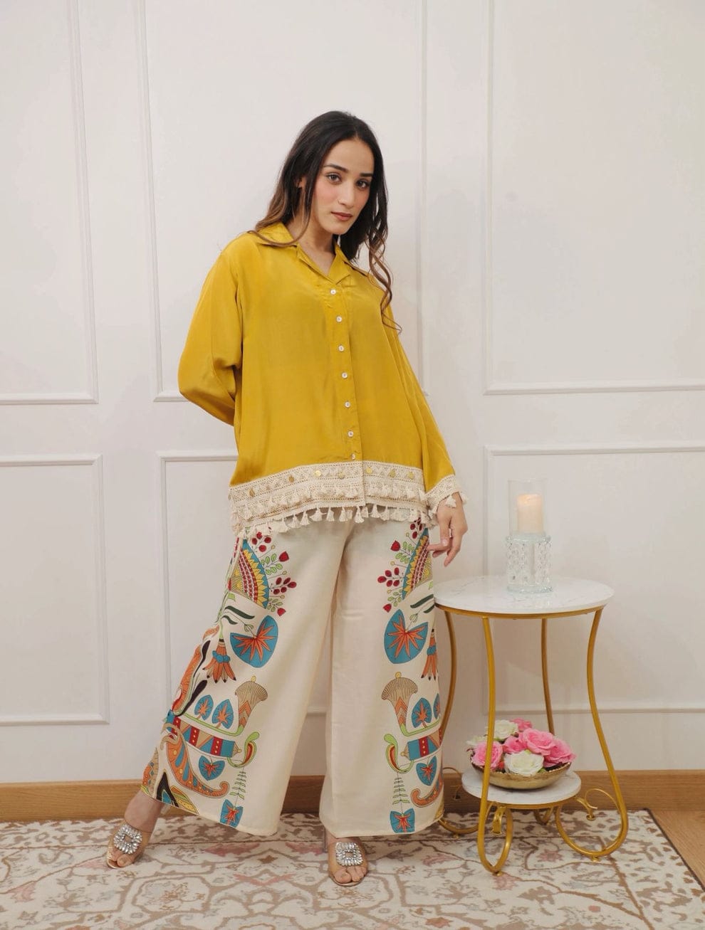 Mustard Tassel Kurta with Hand-Printed Palazzo Pants