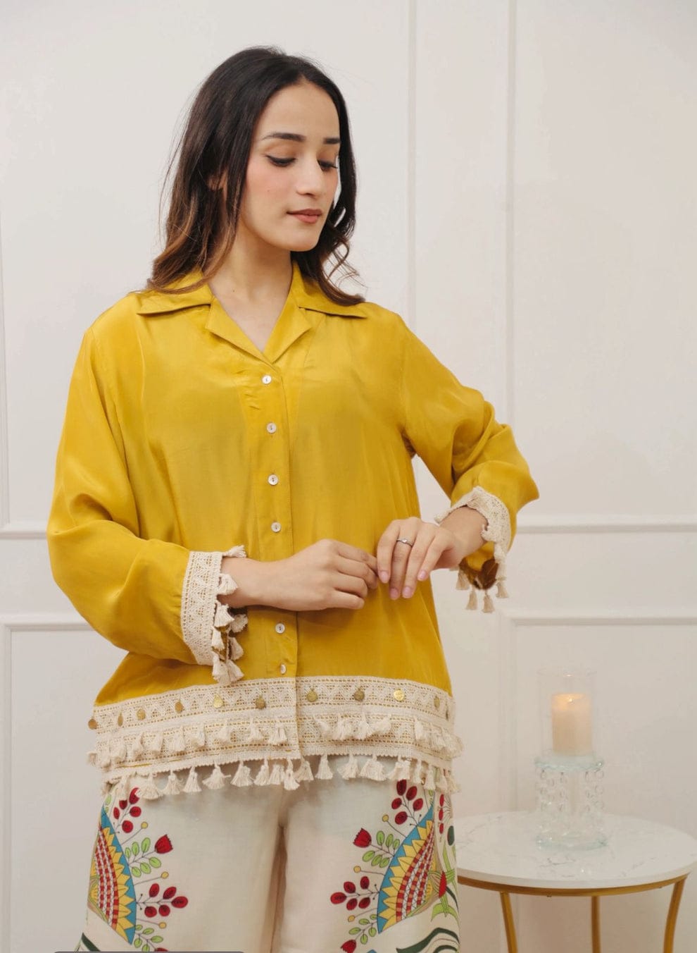 Mustard Tassel Kurta with Hand-Printed Palazzo Pants