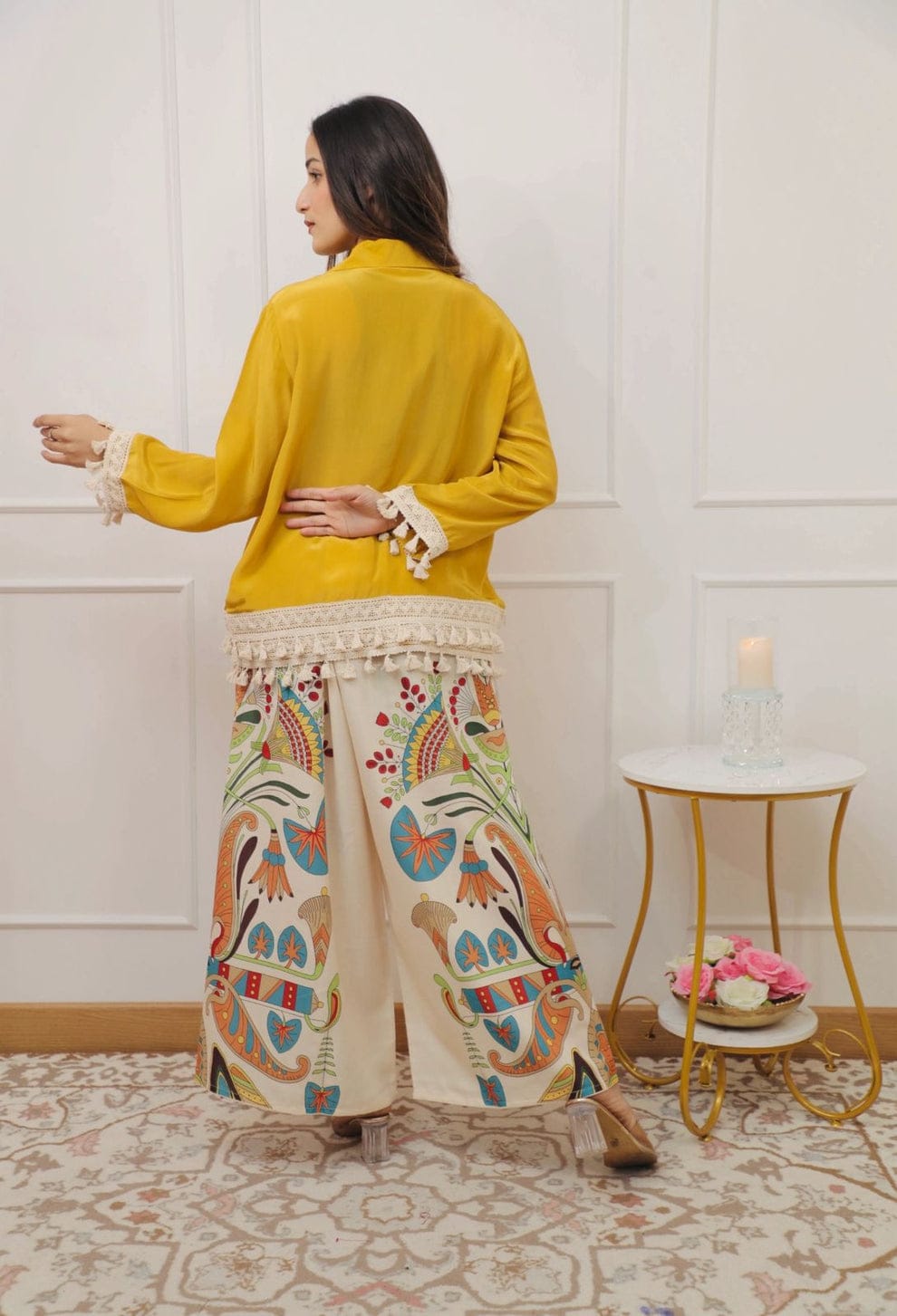 Mustard Tassel Kurta with Hand-Printed Palazzo Pants