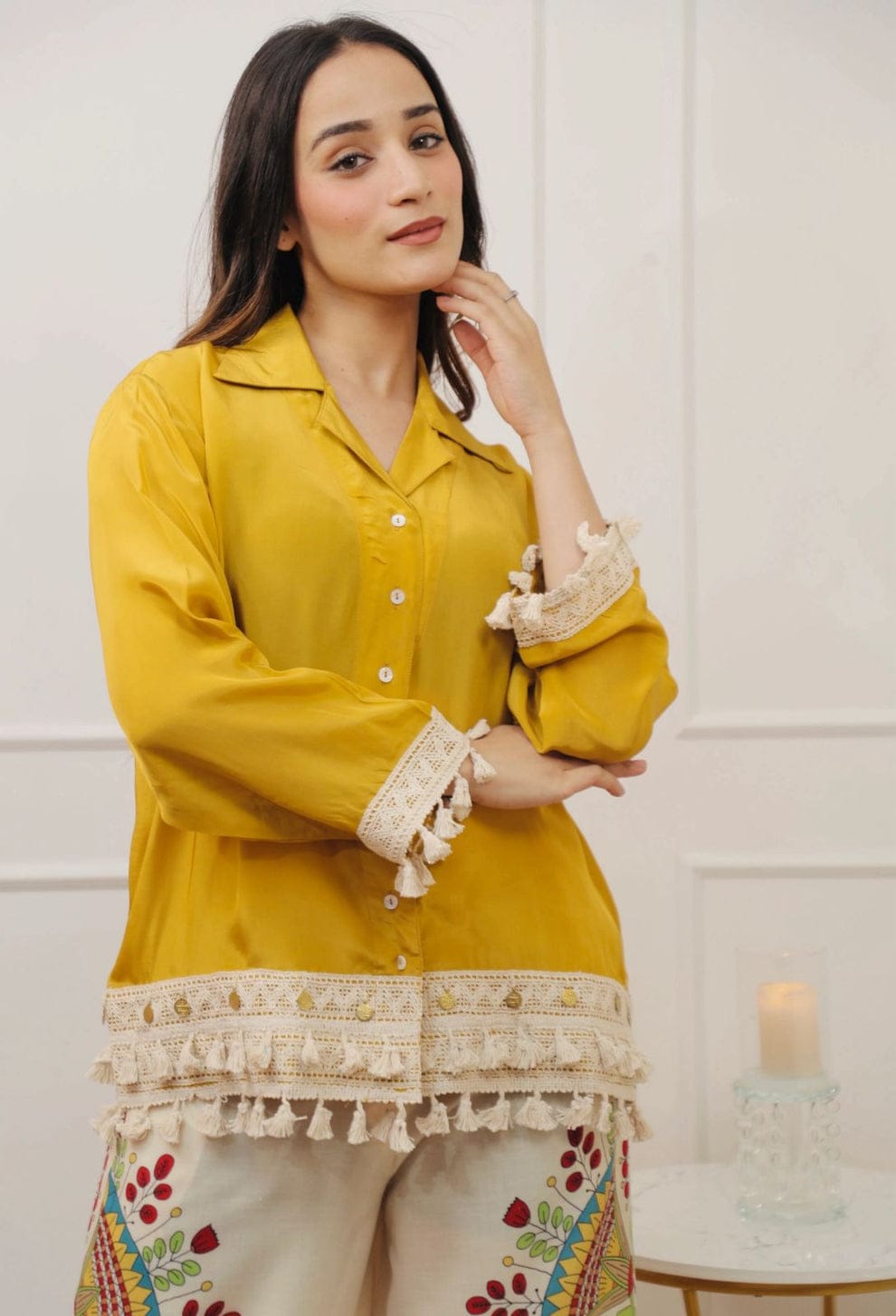 Mustard Tassel Kurta with Hand-Printed Palazzo Pants