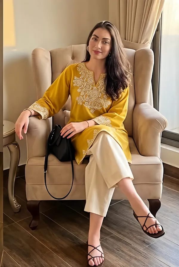 Mustard Yellow Embroidered Kurta with Cream Straight Pants Set