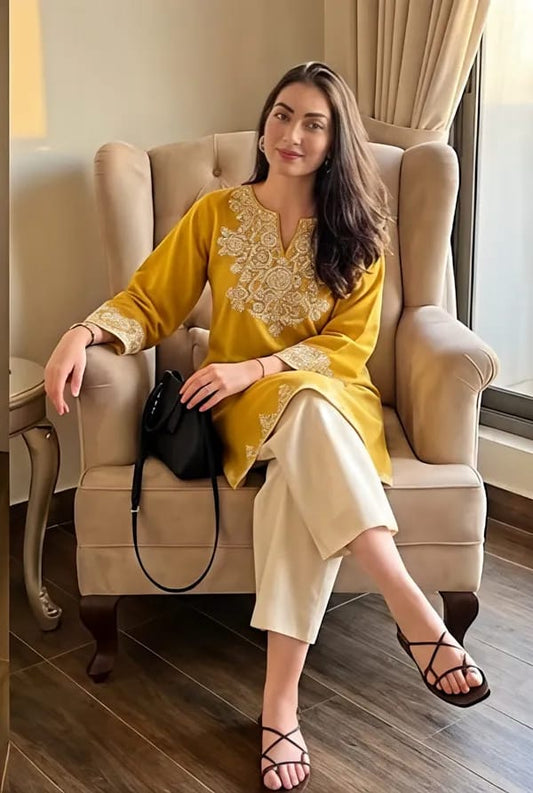 Mustard Yellow Embroidered Kurta with Cream Straight Pants Set
