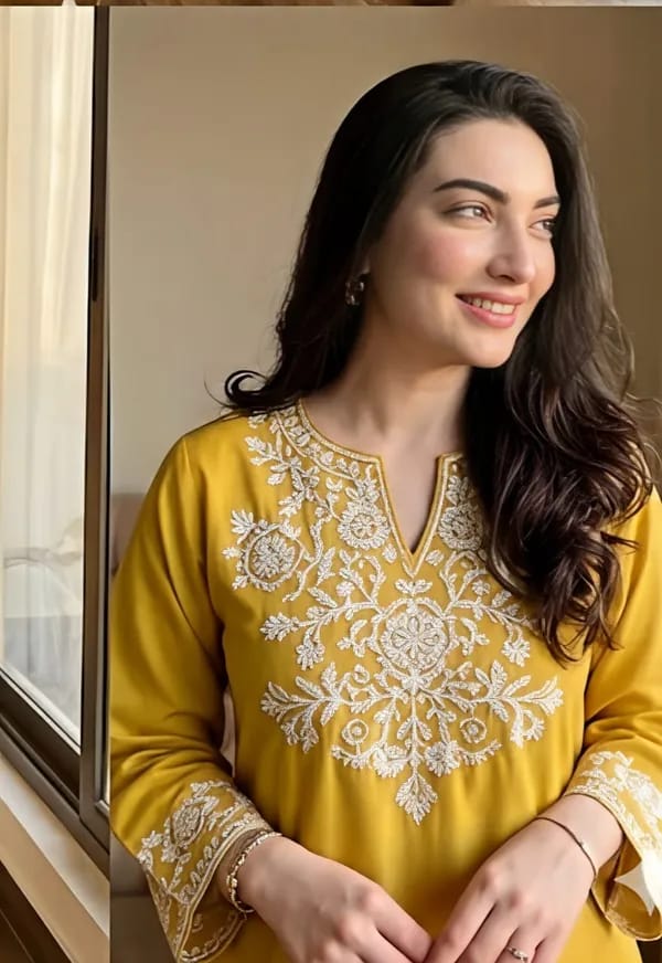 Mustard Yellow Embroidered Kurta with Cream Straight Pants Set