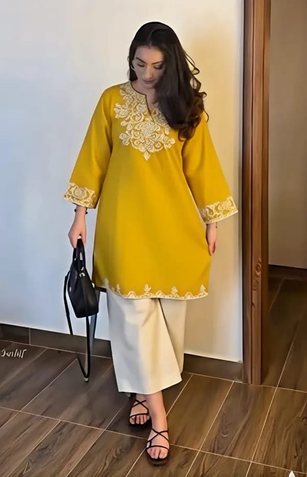 Mustard Yellow Embroidered Kurta with Cream Straight Pants Set