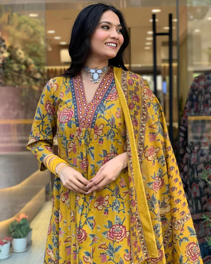 Mustard Yellow Floral Printed Anarkali Suit with Dupatta