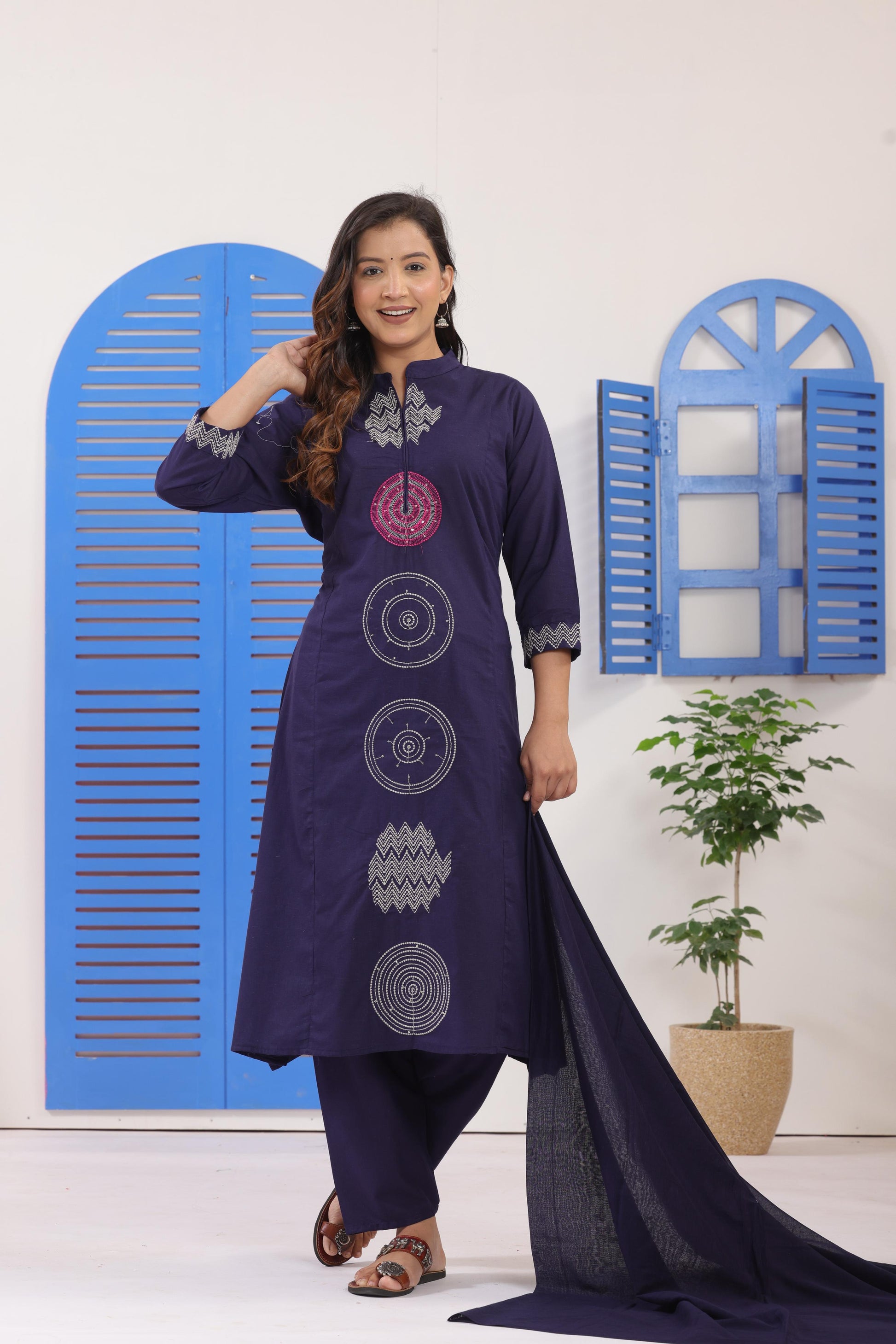 Navy Blue Embroidered Cotton Kurti With Pant & Dupatta Set | For Women