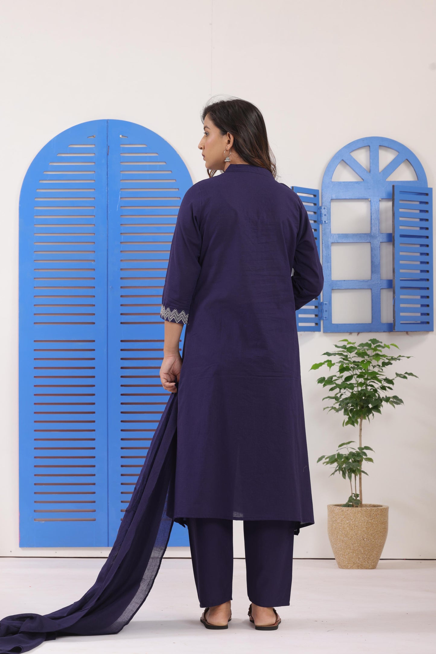Navy Blue Embroidered Cotton Kurti With Pant & Dupatta Set | For Women