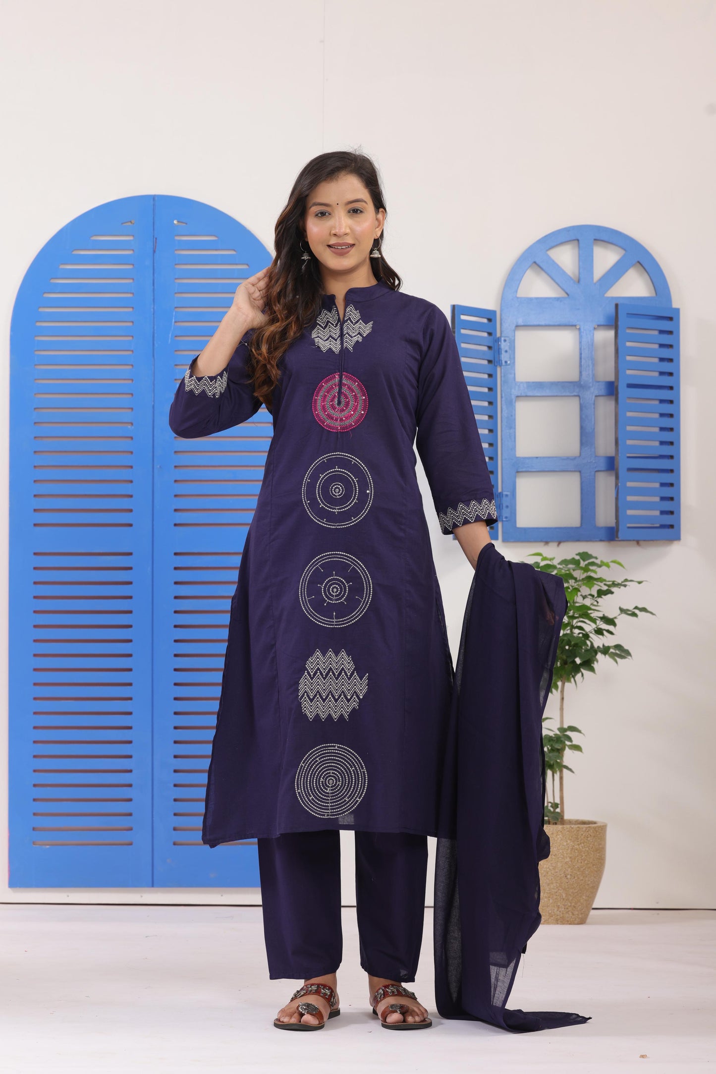 Navy Blue Embroidered Cotton Kurti With Pant & Dupatta Set | For Women